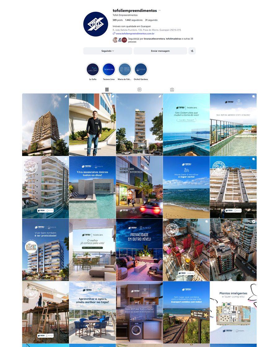 Recorte do perfil de Instagram da Tofoli Empreendimentos